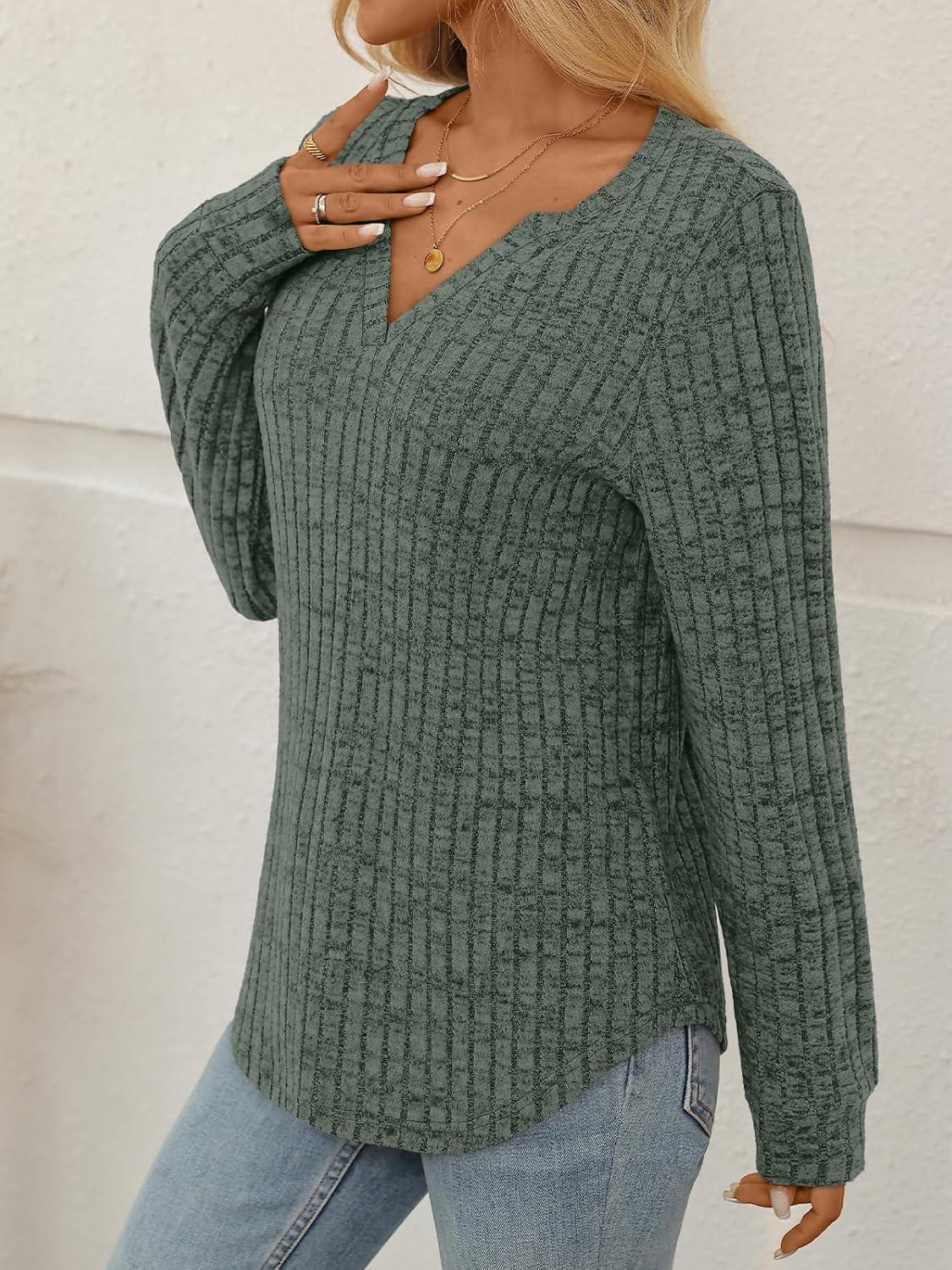 imageAUTOMET Womens V Neck Long Sleeve Shirts Casual Lightweight Tunic Sweaters Fall Fashion Tops Trendy Dressy Clothes 2025Green