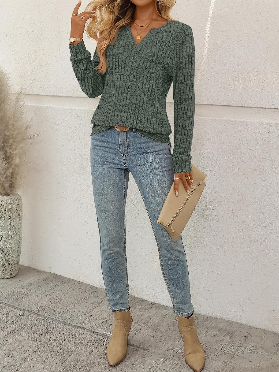 imageAUTOMET Womens V Neck Long Sleeve Shirts Casual Lightweight Tunic Sweaters Fall Fashion Tops Trendy Dressy Clothes 2025Green