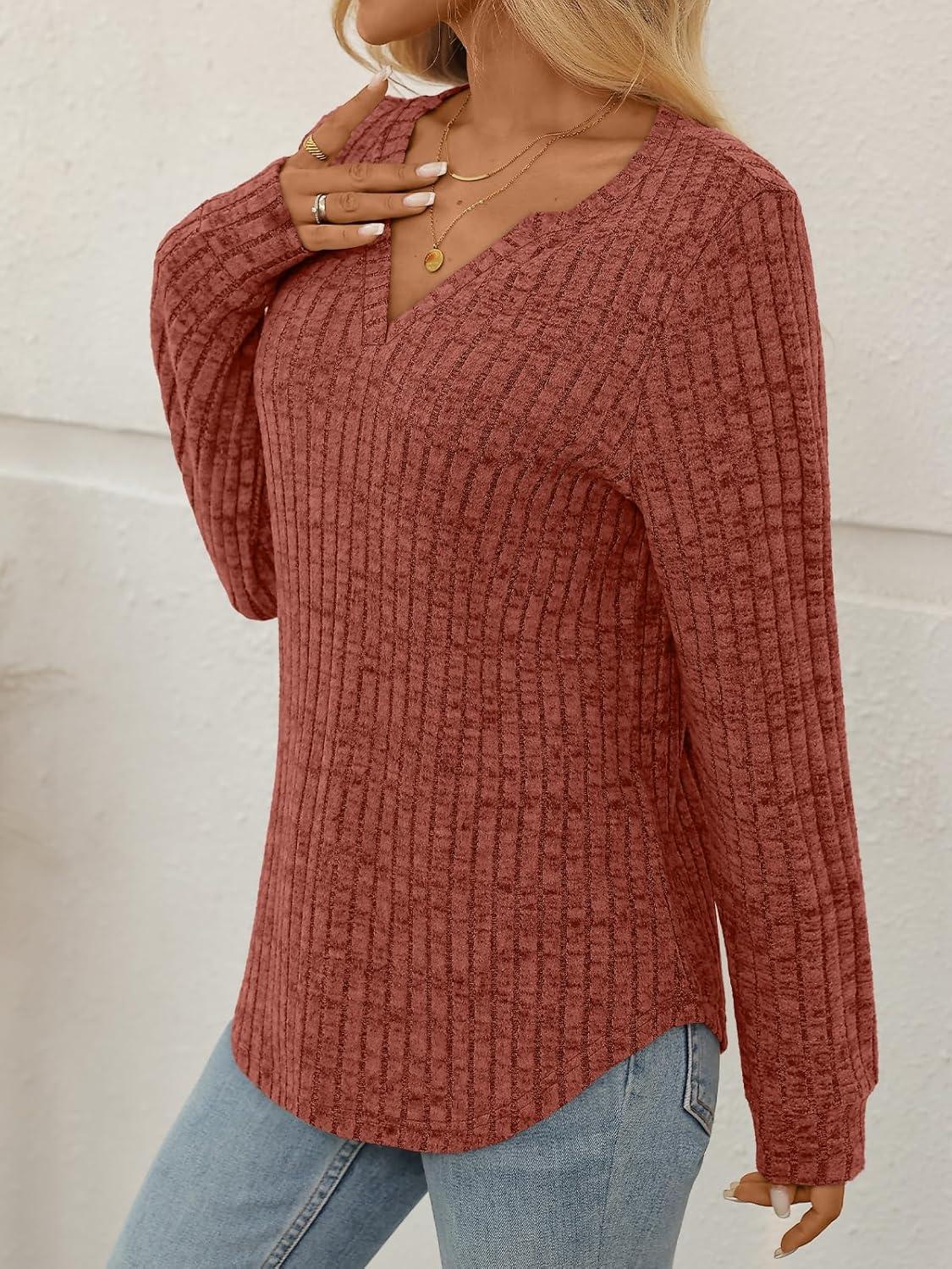 imageAUTOMET Womens V Neck Long Sleeve Shirts Casual Lightweight Tunic Sweaters Fall Fashion Tops Trendy Dressy Clothes 2025Maple