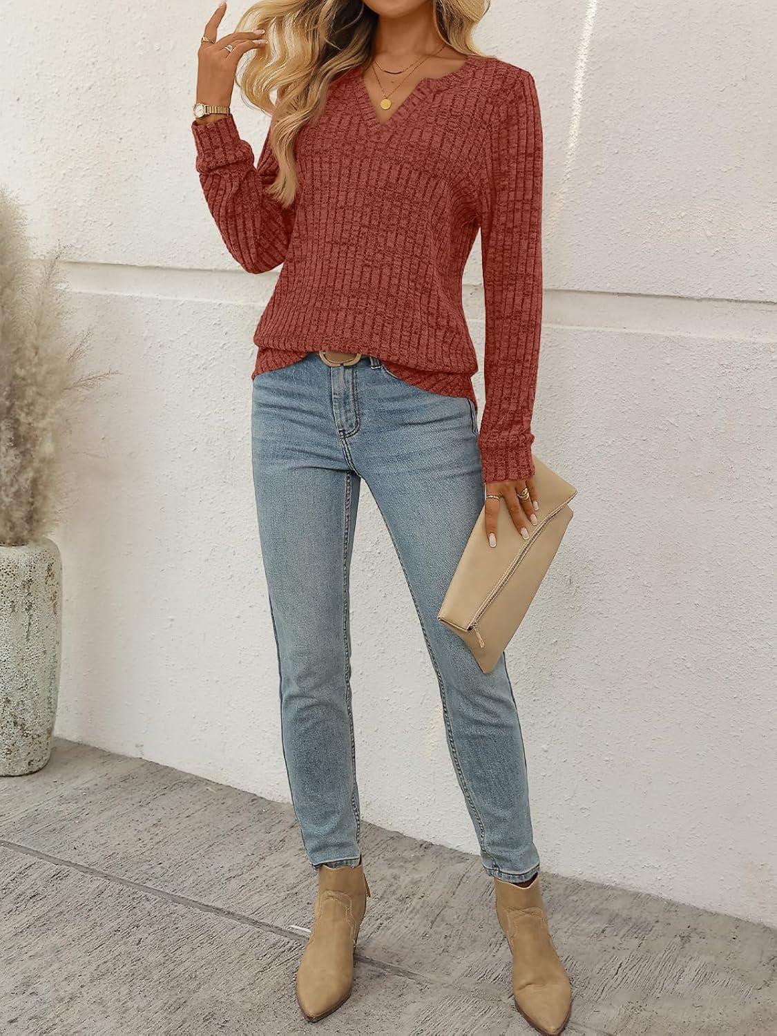 imageAUTOMET Womens V Neck Long Sleeve Shirts Casual Lightweight Tunic Sweaters Fall Fashion Tops Trendy Dressy Clothes 2025Maple