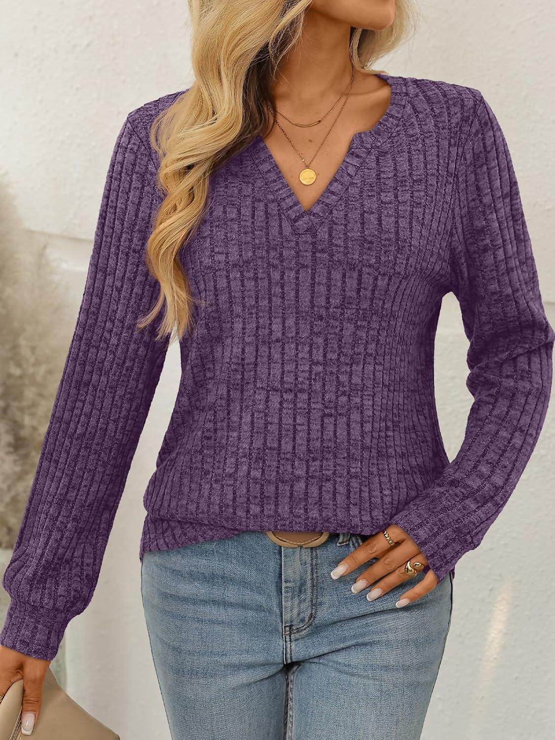 imageAUTOMET Womens V Neck Long Sleeve Shirts Casual Lightweight Tunic Sweaters Fall Fashion Tops Trendy Dressy Clothes 2025Purple