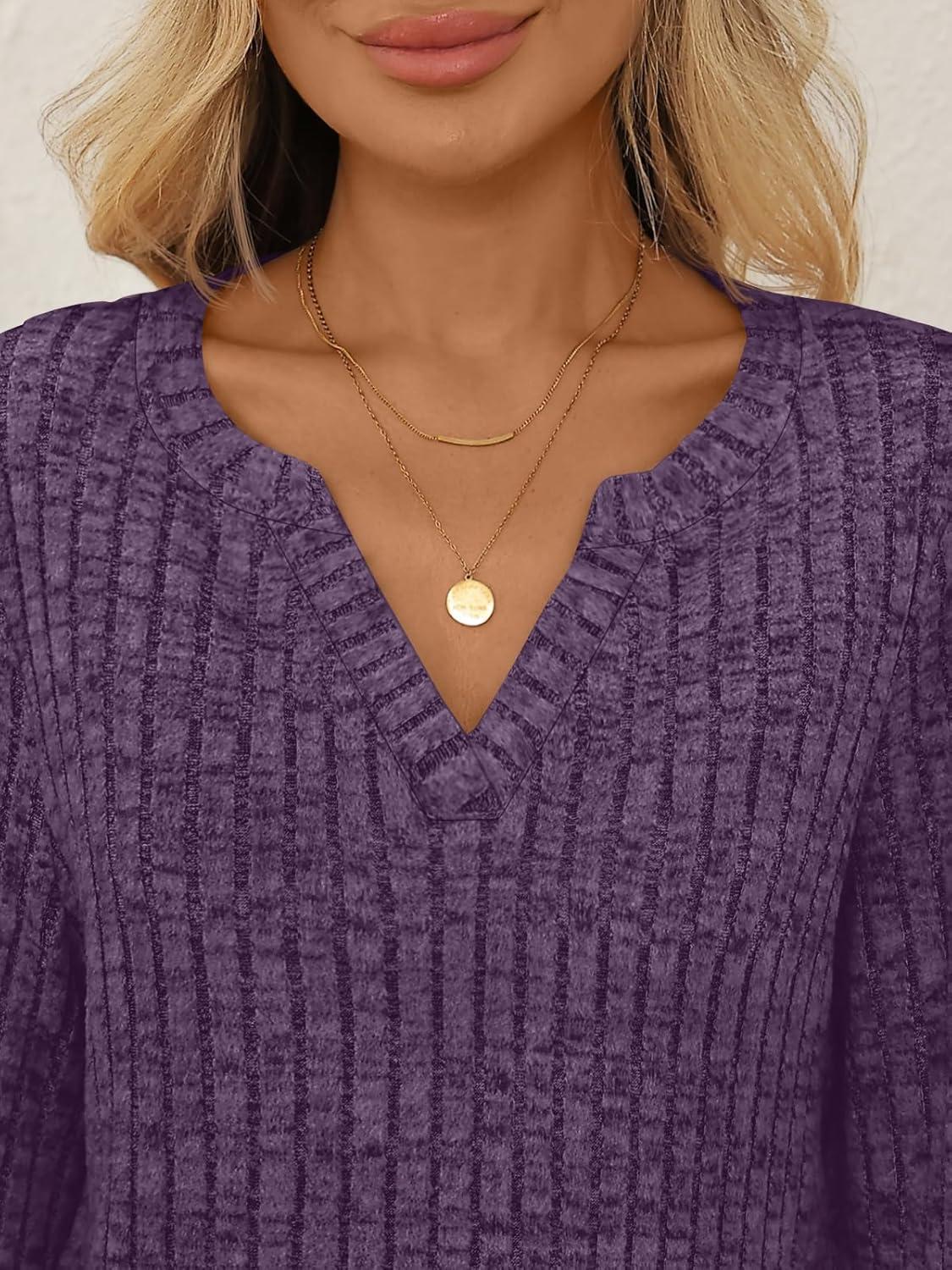 imageAUTOMET Womens V Neck Long Sleeve Shirts Casual Lightweight Tunic Sweaters Fall Fashion Tops Trendy Dressy Clothes 2025Purple