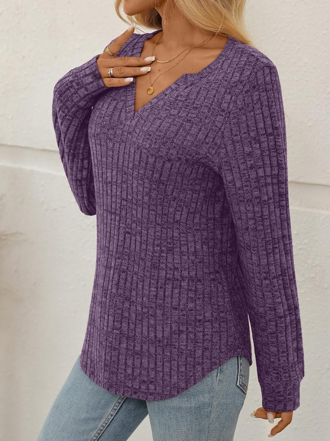 imageAUTOMET Womens V Neck Long Sleeve Shirts Casual Lightweight Tunic Sweaters Fall Fashion Tops Trendy Dressy Clothes 2025Purple