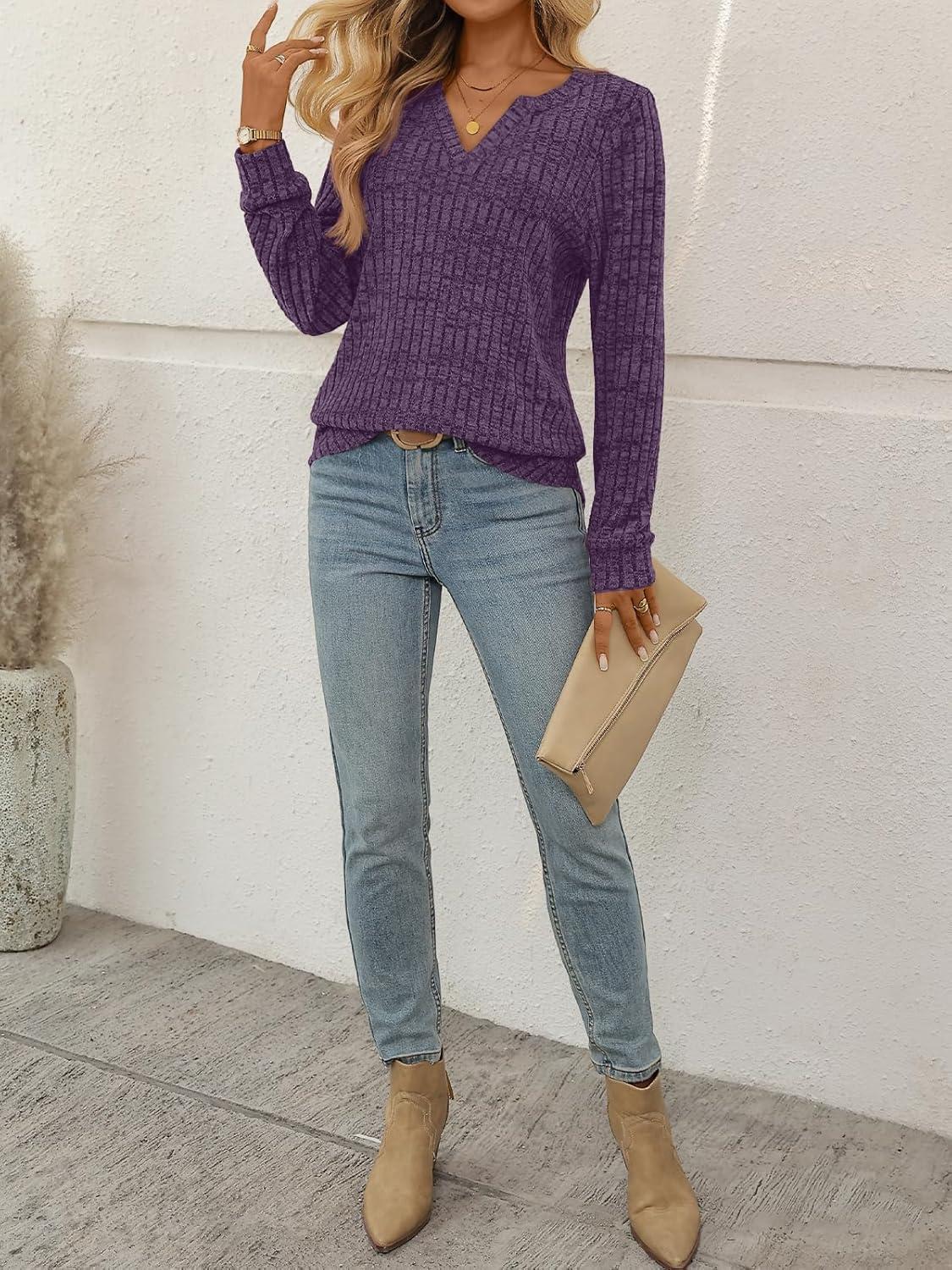 imageAUTOMET Womens V Neck Long Sleeve Shirts Casual Lightweight Tunic Sweaters Fall Fashion Tops Trendy Dressy Clothes 2025Purple