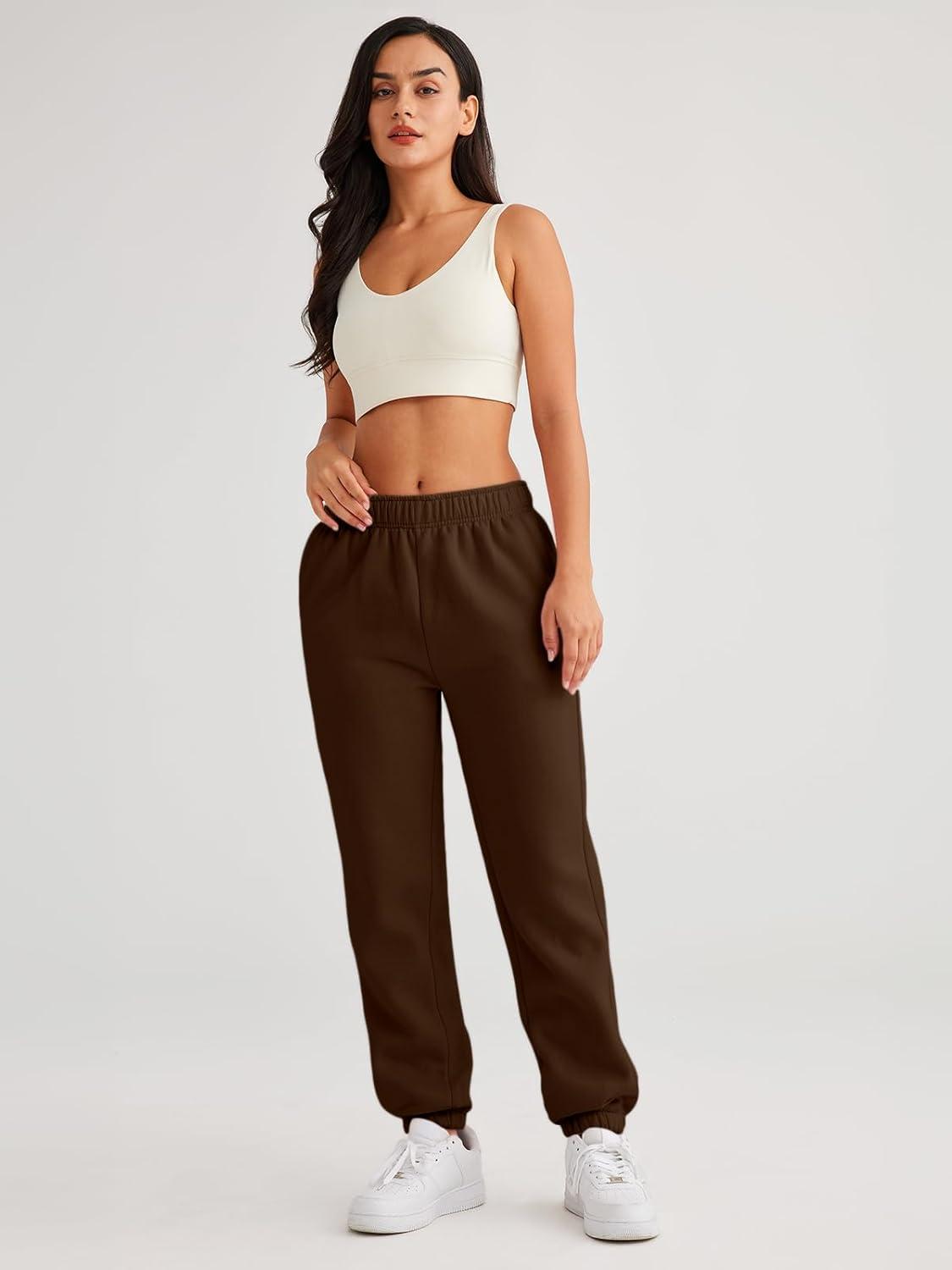 imageAUTOMET Womens Winter Casual Baggy Fleece Lined Sweatpants Fashion High Waisted Joggers Pants Athletic Clothes with PocketsBrown