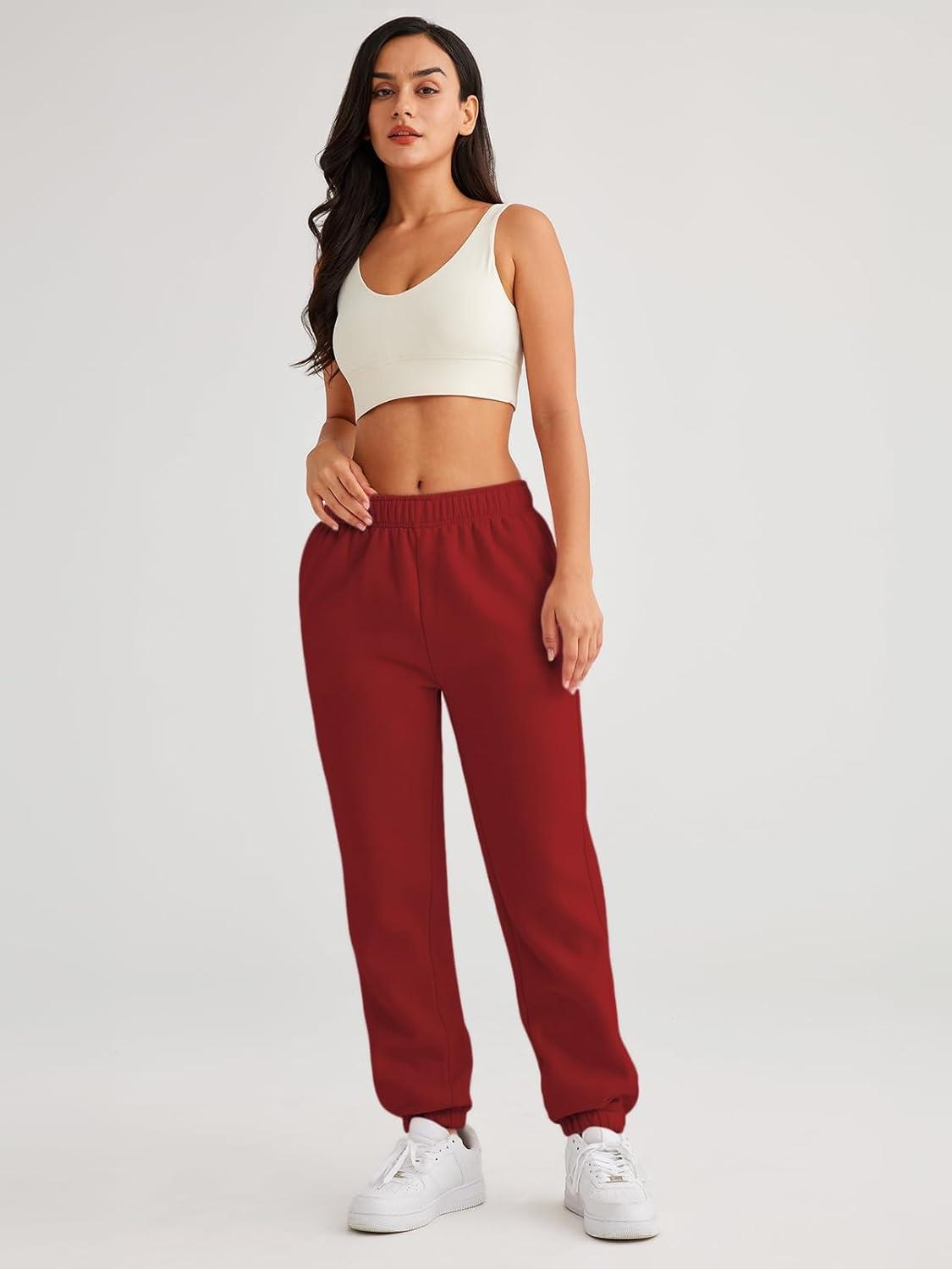 imageAUTOMET Womens Winter Casual Baggy Fleece Lined Sweatpants Fashion High Waisted Joggers Pants Athletic Clothes with PocketsRed