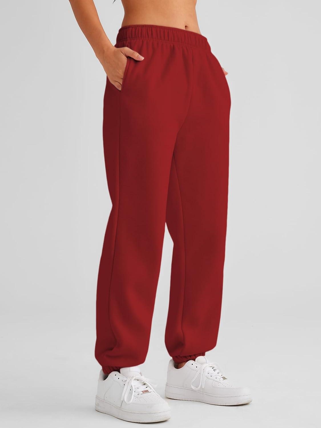 imageAUTOMET Womens Winter Casual Baggy Fleece Lined Sweatpants Fashion High Waisted Joggers Pants Athletic Clothes with PocketsRed