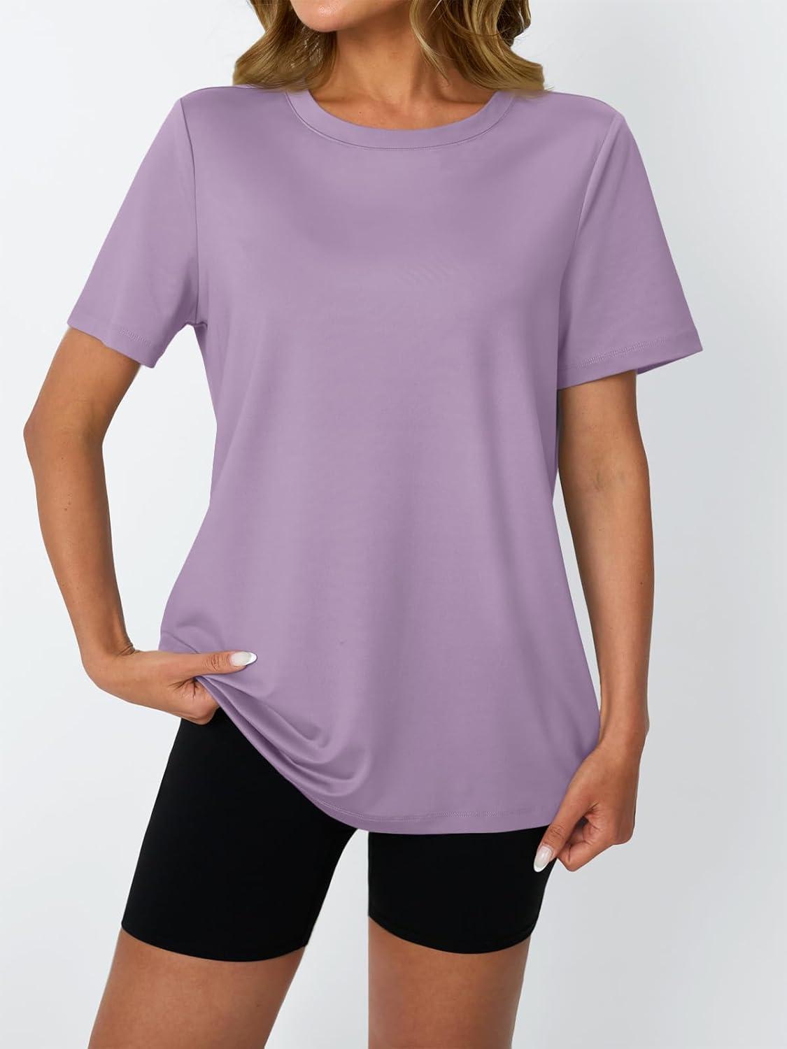 imageAUTOMET Womens Workout Tops Short Sleeve Gym Shirts Summer Athletic Yoga Tshirts Loose Fit Casual Clothes 2025Purple