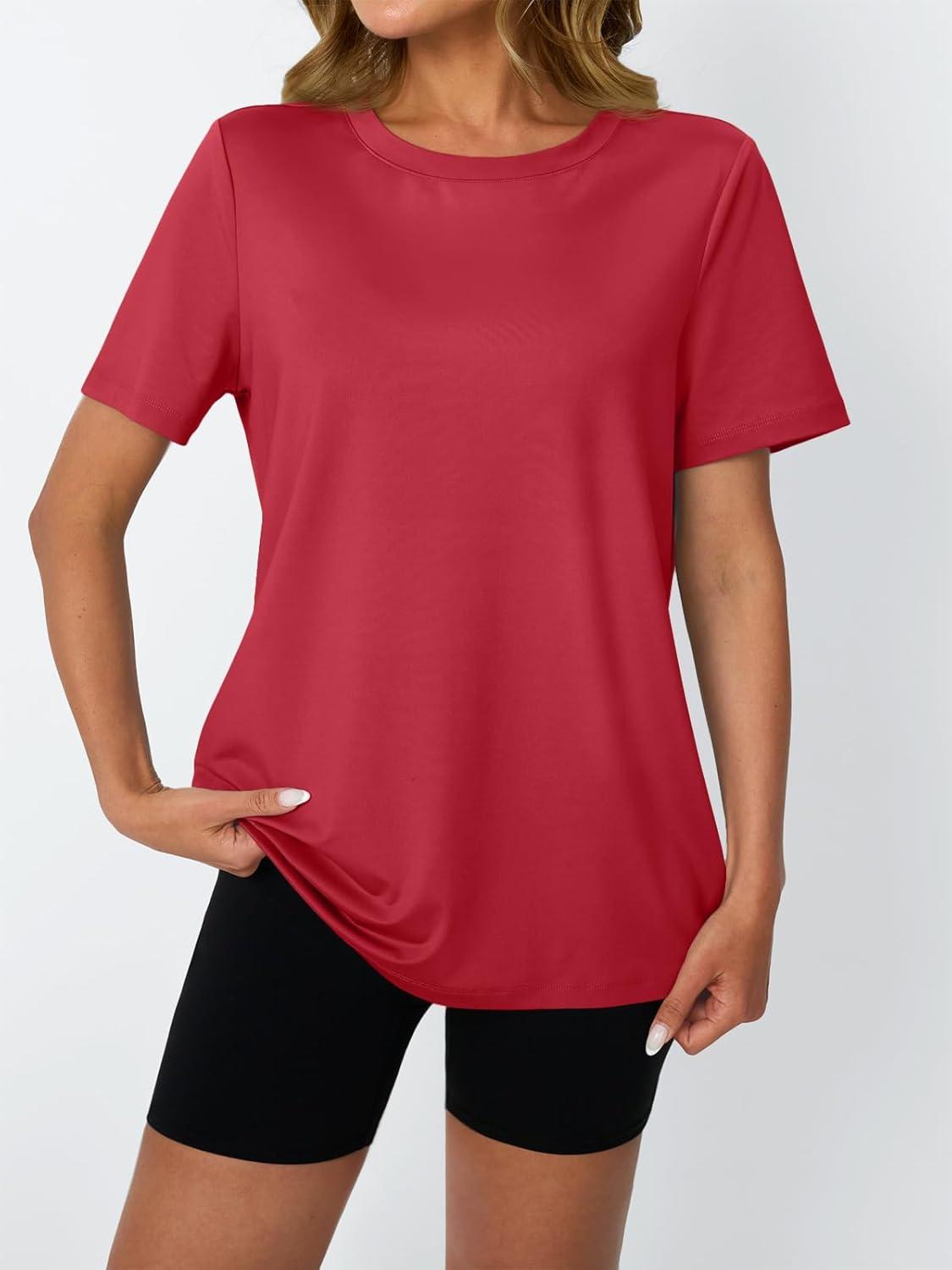 imageAUTOMET Womens Workout Tops Short Sleeve Gym Shirts Summer Athletic Yoga Tshirts Loose Fit Casual Clothes 2025Red