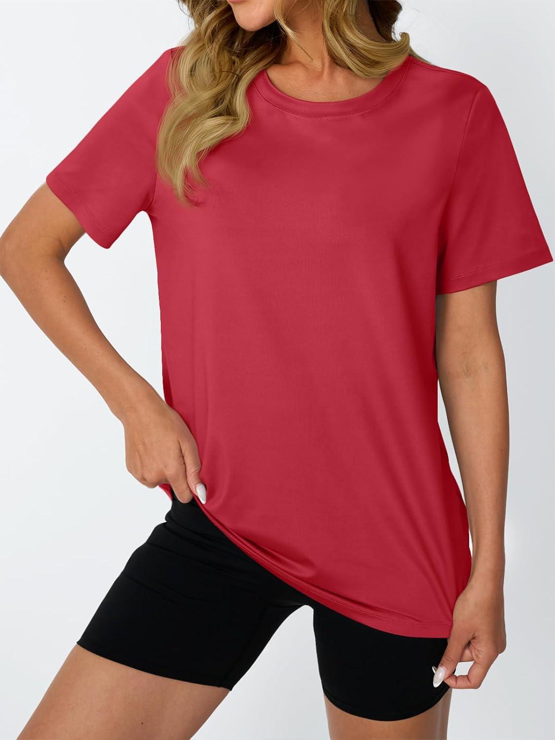 imageAUTOMET Womens Workout Tops Short Sleeve Gym Shirts Summer Athletic Yoga Tshirts Loose Fit Casual Clothes 2025Red