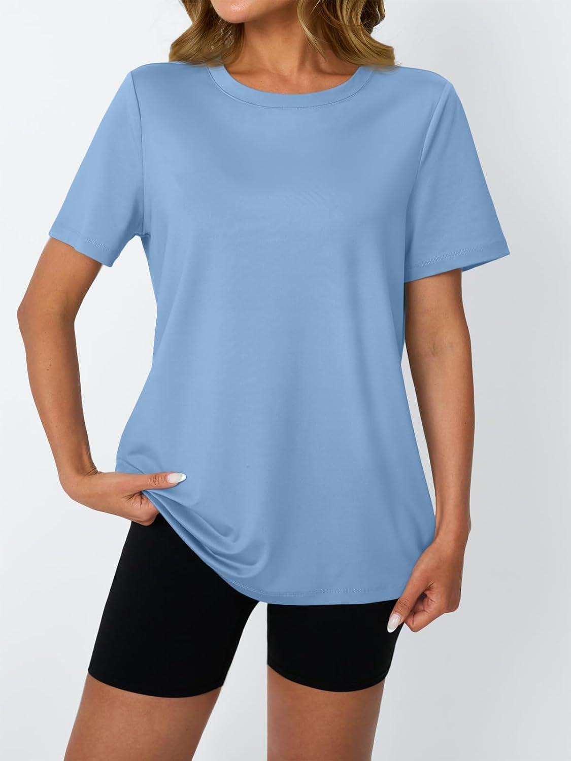 imageAUTOMET Womens Workout Tops Short Sleeve Gym Shirts Summer Athletic Yoga Tshirts Loose Fit Casual Clothes 2025Skyblue