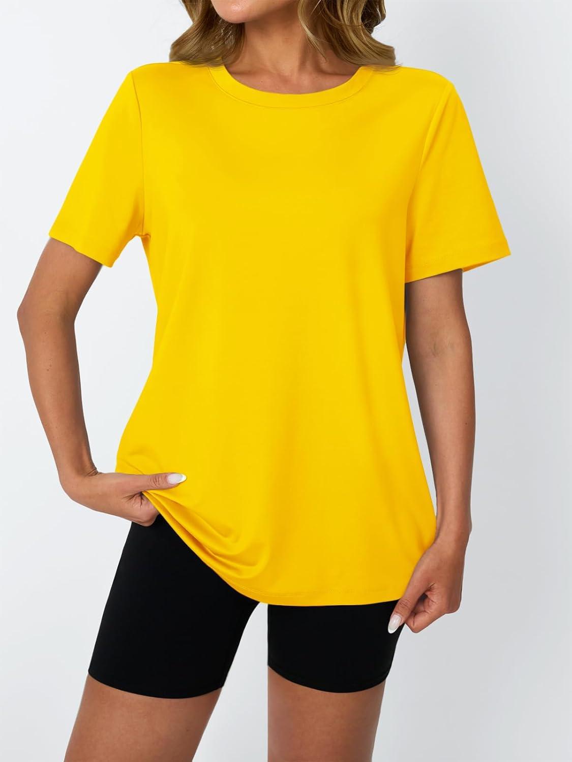 imageAUTOMET Womens Workout Tops Short Sleeve Gym Shirts Summer Athletic Yoga Tshirts Loose Fit Casual Clothes 2025Yellow