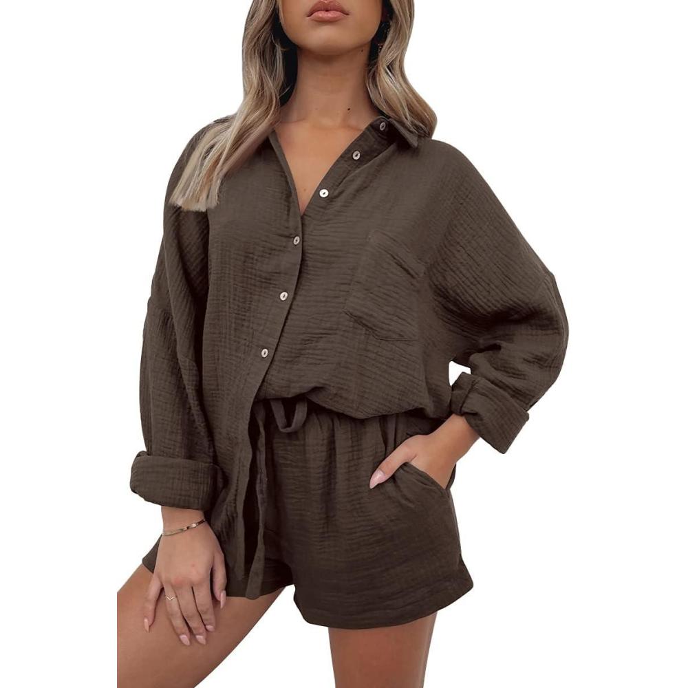 imageAUTOMET 2 Piece Sets For Women Lounge Wear Matching Two Piece Pajama Fashion Oversized Shirts And Shorts Spring Outfit 202501brown