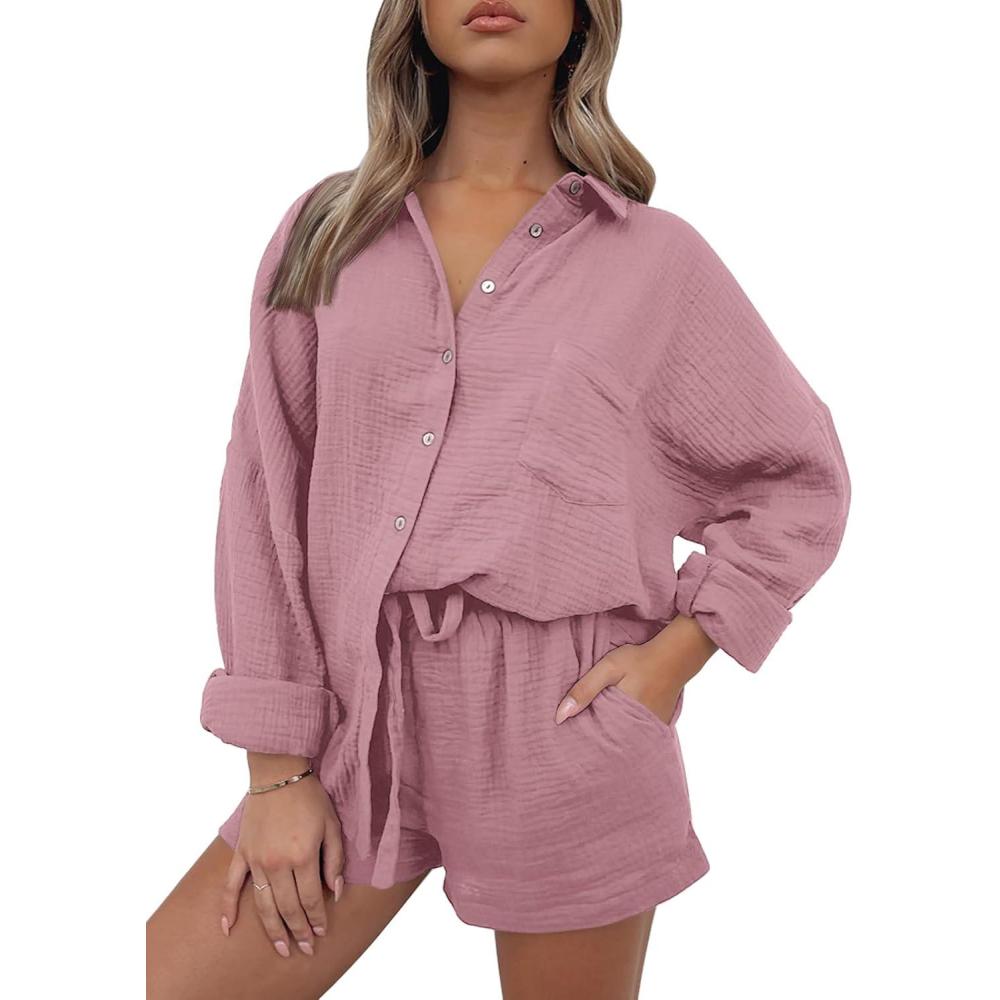 imageAUTOMET 2 Piece Sets For Women Lounge Wear Matching Two Piece Pajama Fashion Oversized Shirts And Shorts Spring Outfit 202501darkpink