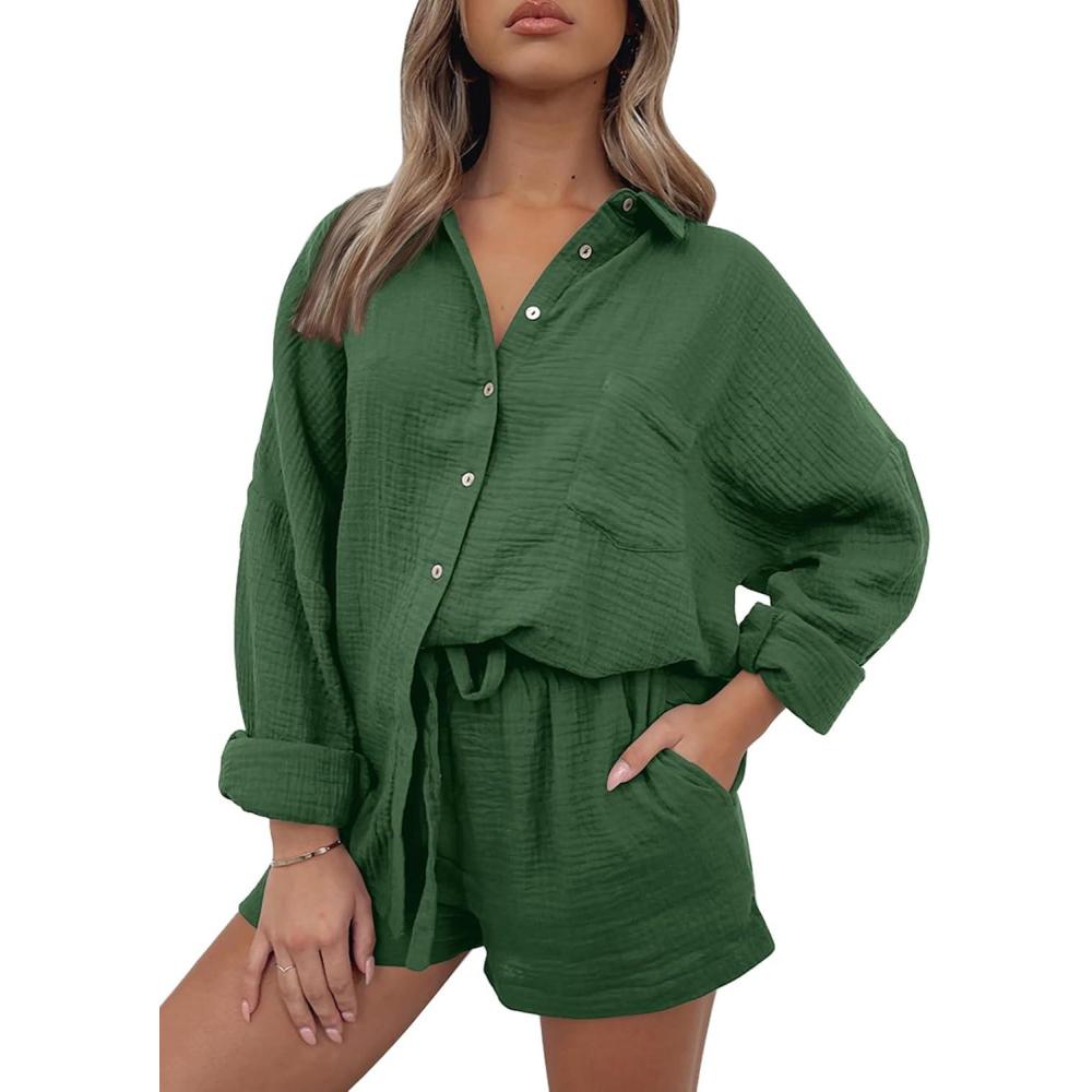 imageAUTOMET 2 Piece Sets For Women Lounge Wear Matching Two Piece Pajama Fashion Oversized Shirts And Shorts Spring Outfit 202501grassgreen