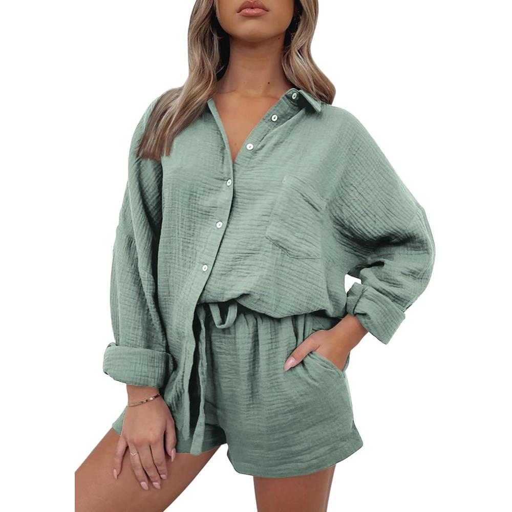 imageAUTOMET 2 Piece Sets For Women Lounge Wear Matching Two Piece Pajama Fashion Oversized Shirts And Shorts Spring Outfit 202501green