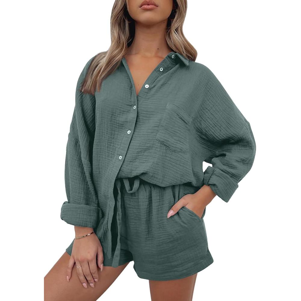 imageAUTOMET 2 Piece Sets For Women Lounge Wear Matching Two Piece Pajama Fashion Oversized Shirts And Shorts Spring Outfit 202501greygreen