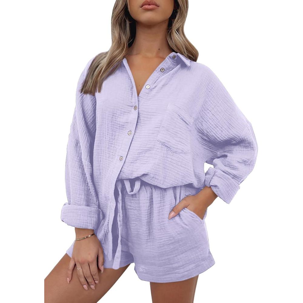 imageAUTOMET 2 Piece Sets For Women Lounge Wear Matching Two Piece Pajama Fashion Oversized Shirts And Shorts Spring Outfit 202501purple