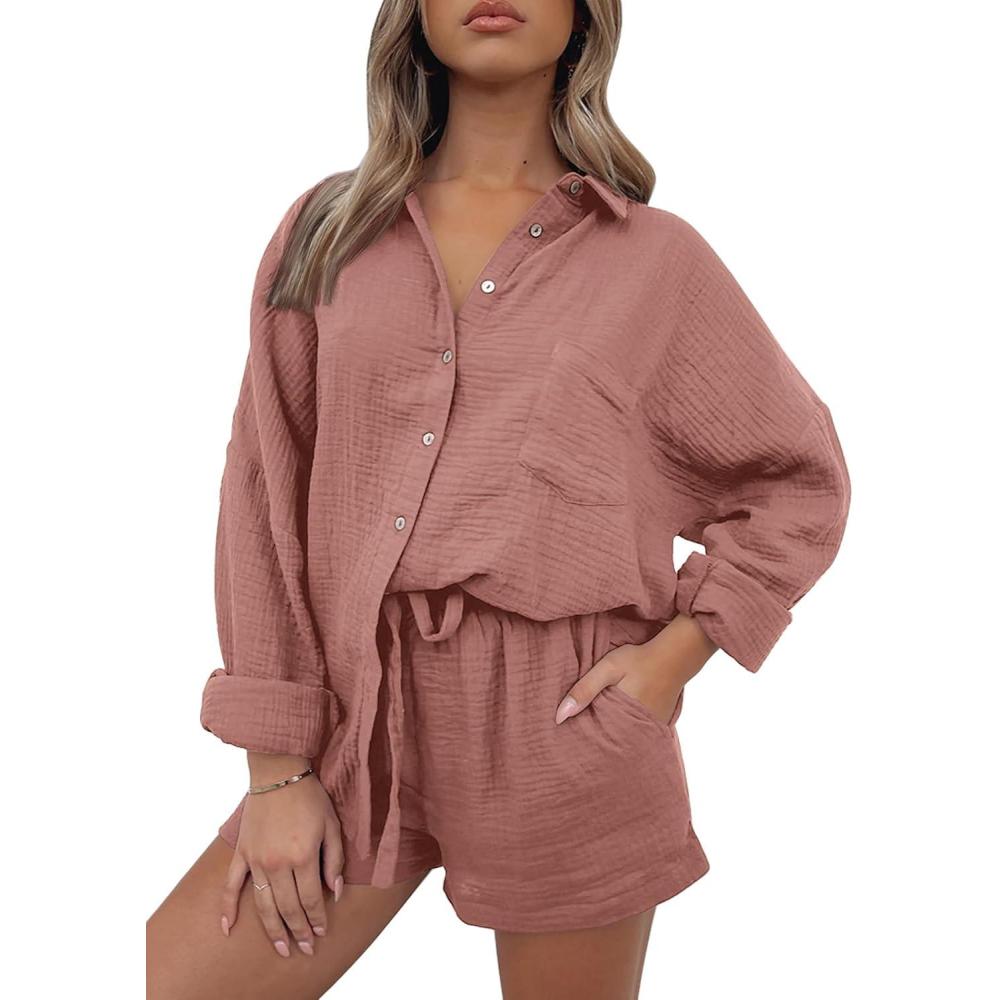 imageAUTOMET 2 Piece Sets For Women Lounge Wear Matching Two Piece Pajama Fashion Oversized Shirts And Shorts Spring Outfit 202501rust