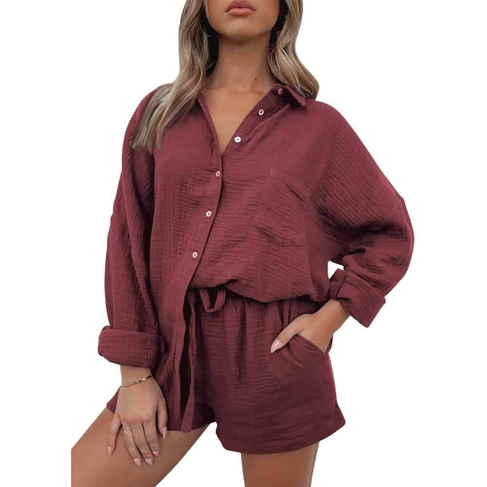 imageAUTOMET 2 Piece Sets For Women Lounge Wear Matching Two Piece Pajama Fashion Oversized Shirts And Shorts Spring Outfit 202501winered