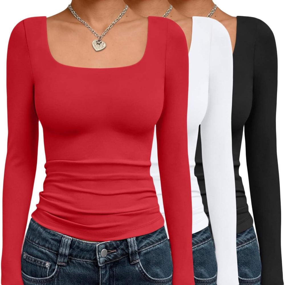 imageAUTOMET 3 Pack Womens Long Sleeve Shirts Fall Fashion Scoop Neck Crop Tops Basic Layer Slim Fit Y2K ClothesBlack white red