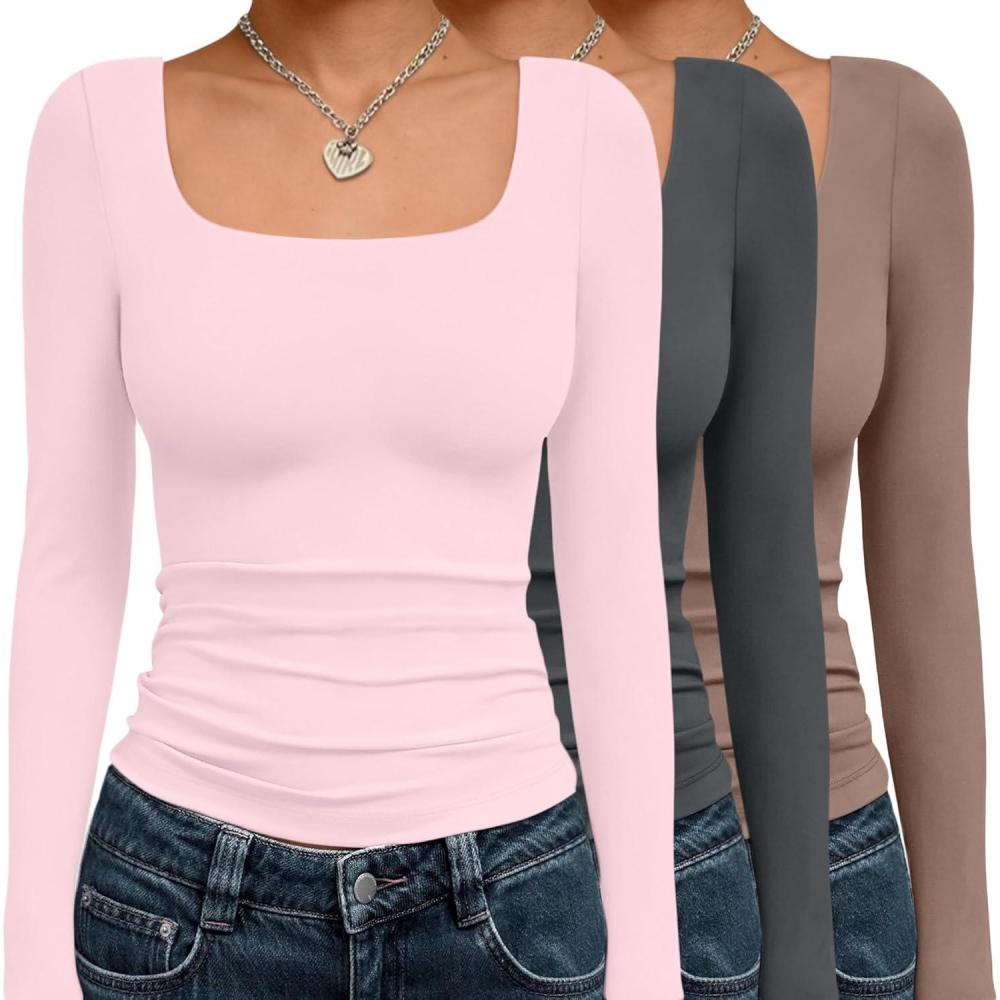 imageAUTOMET 3 Pack Womens Long Sleeve Shirts Fall Fashion Scoop Neck Crop Tops Basic Layer Slim Fit Y2K ClothesPink grey coffee Grey