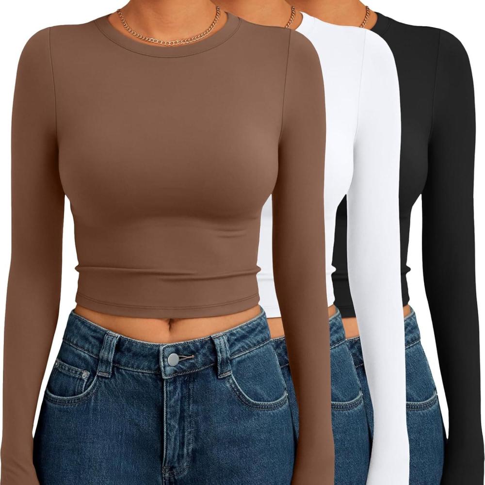 imageAUTOMET 3 Pack Womens Long Sleeve Shirts Y2K Going Out Crop Tops Cute Basic Slim Fitted Fall Fashion Outfits 2025 ClothesBrownwhiteblack