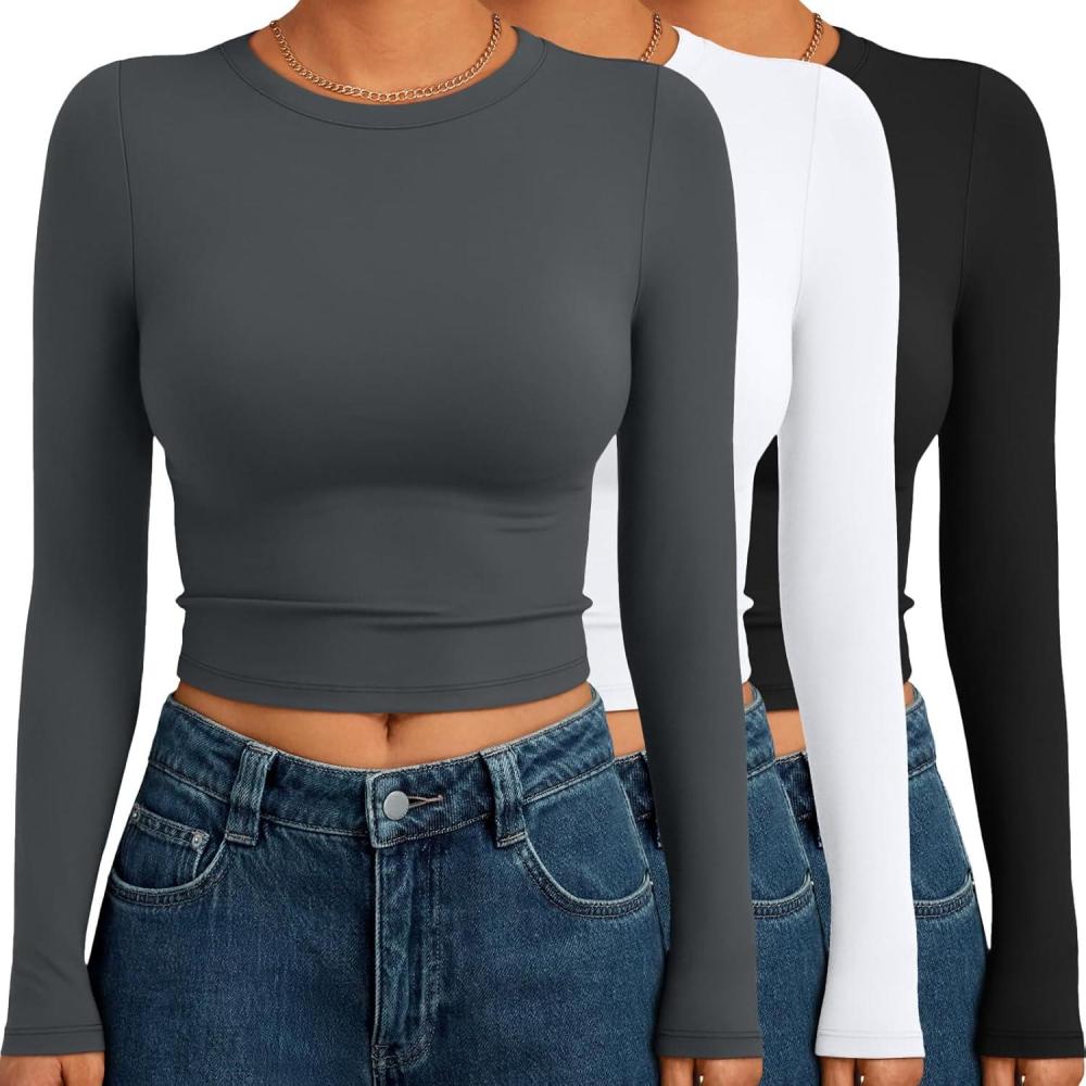 imageAUTOMET 3 Pack Womens Long Sleeve Shirts Y2K Going Out Crop Tops Cute Basic Slim Fitted Fall Fashion Outfits 2025 ClothesGreywhiteblack
