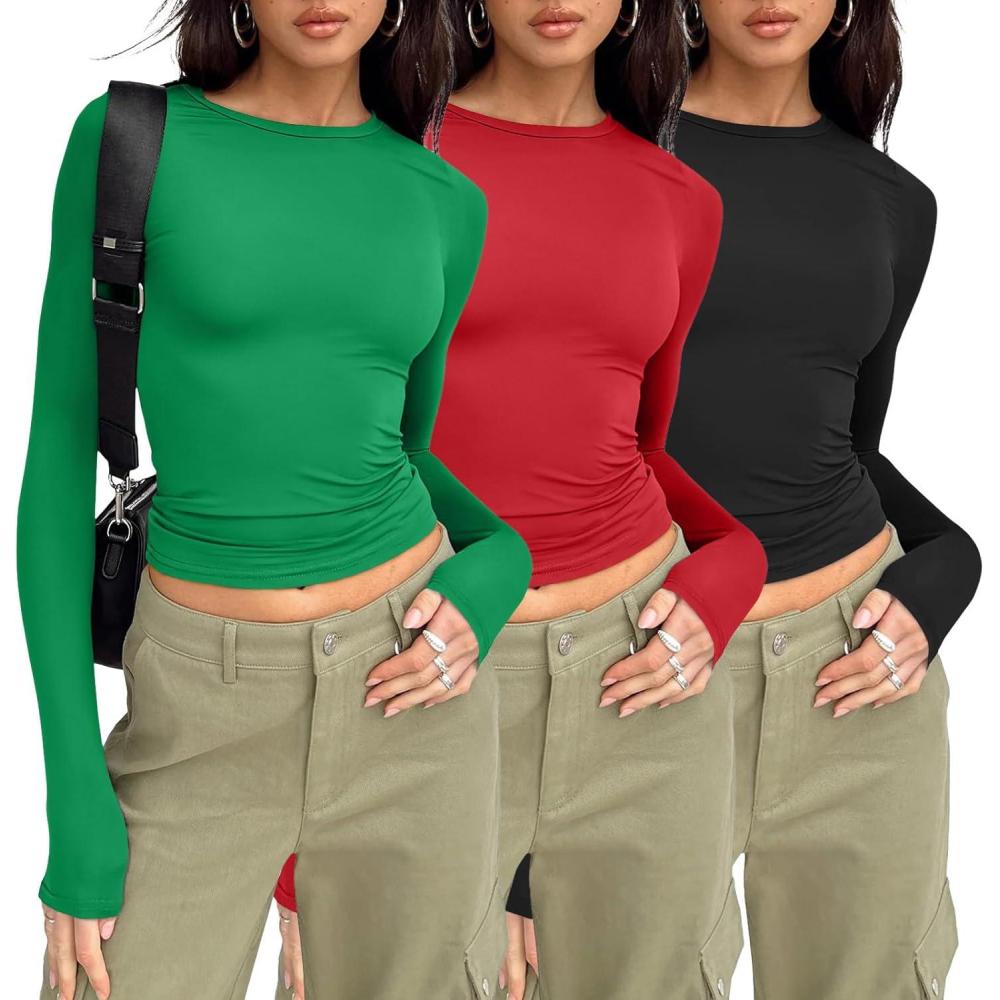 imageAUTOMET 3 Pack Womens Long Sleeve T Shirts Fall Fashion Basic Going Out Crop Tops Slim Fitted Winter Clothes 2025Black red green