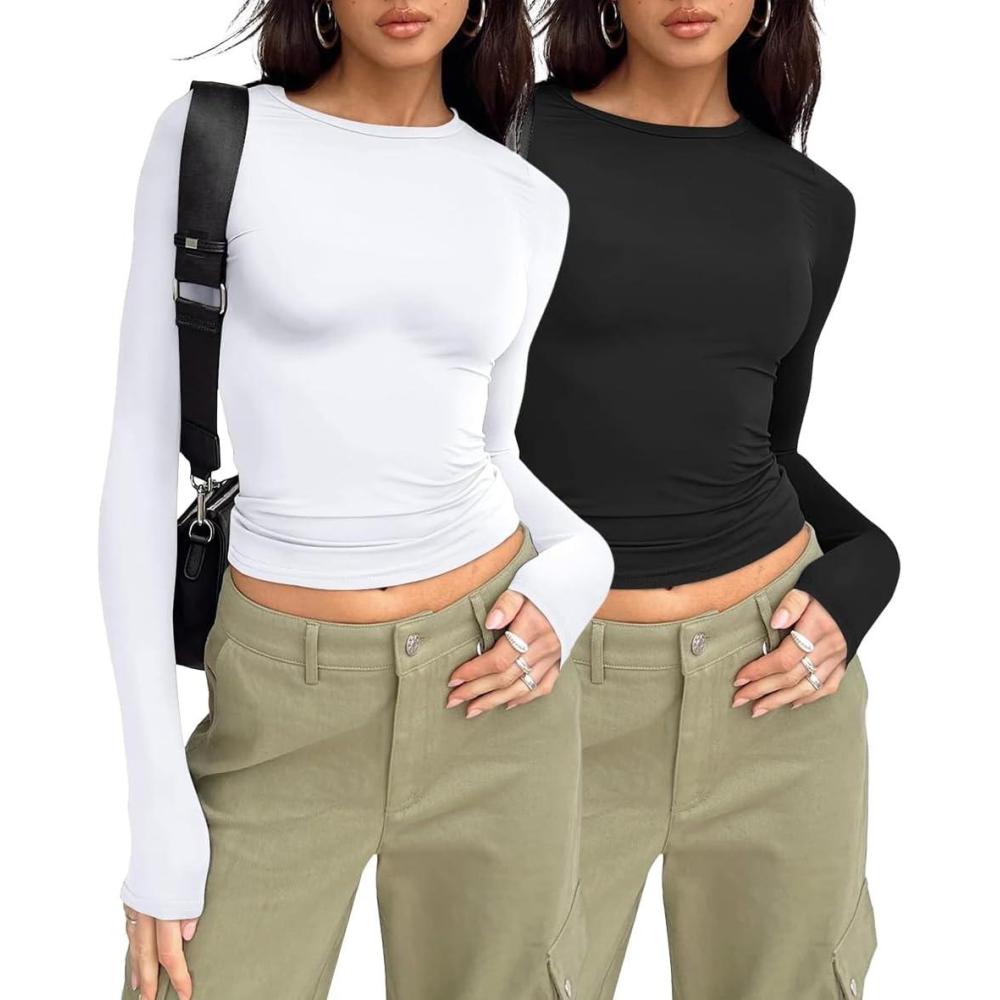 imageAUTOMET 3 Pack Womens Long Sleeve T Shirts Fall Fashion Basic Going Out Crop Tops Slim Fitted Winter Clothes 2025Black white