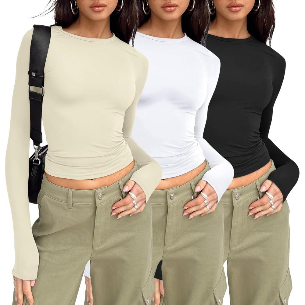 imageAUTOMET 3 Pack Womens Long Sleeve T Shirts Fall Fashion Basic Going Out Crop Tops Slim Fitted Winter Clothes 2025Black white apricot