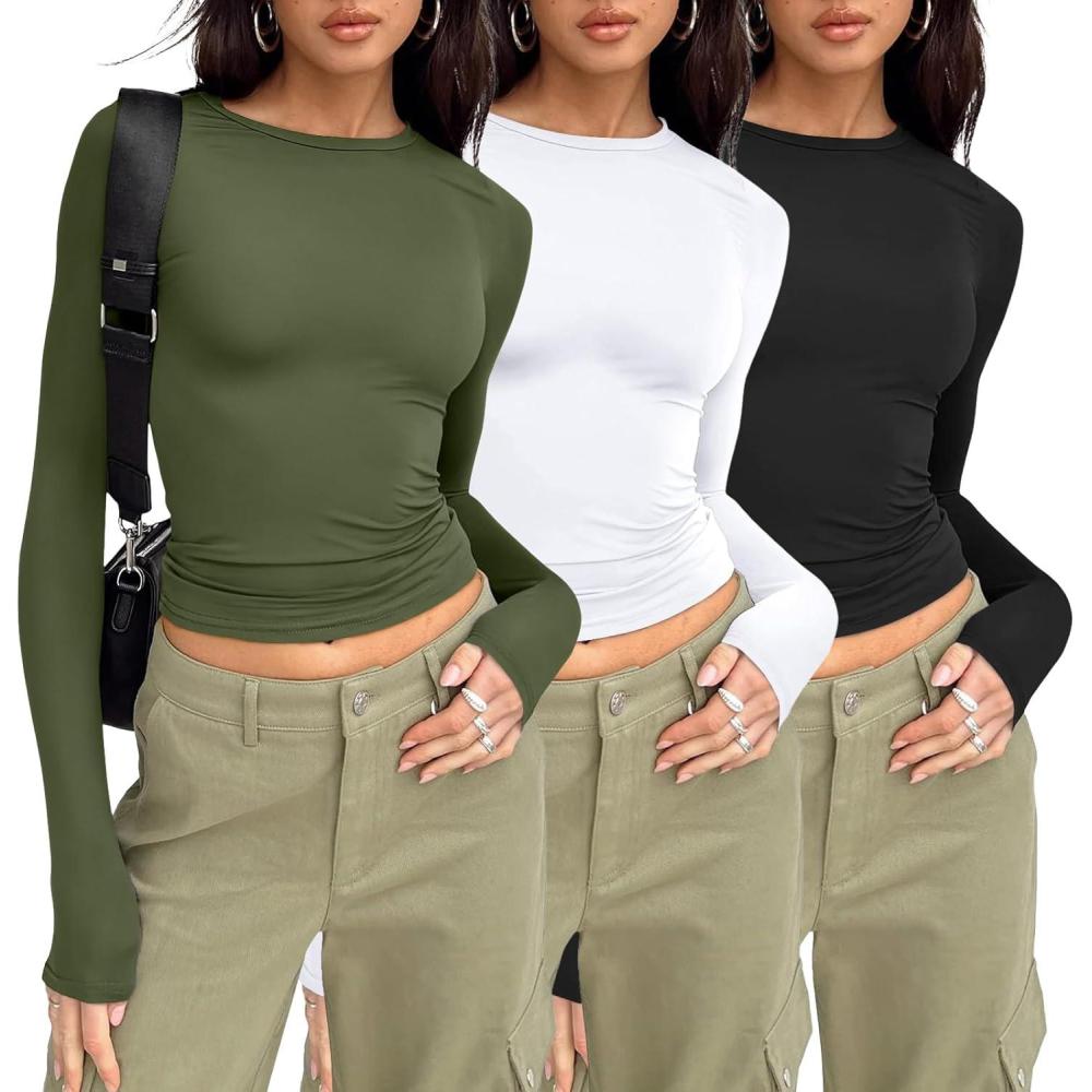 imageAUTOMET 3 Pack Womens Long Sleeve T Shirts Fall Fashion Basic Going Out Crop Tops Slim Fitted Winter Clothes 2025Black white armygreen