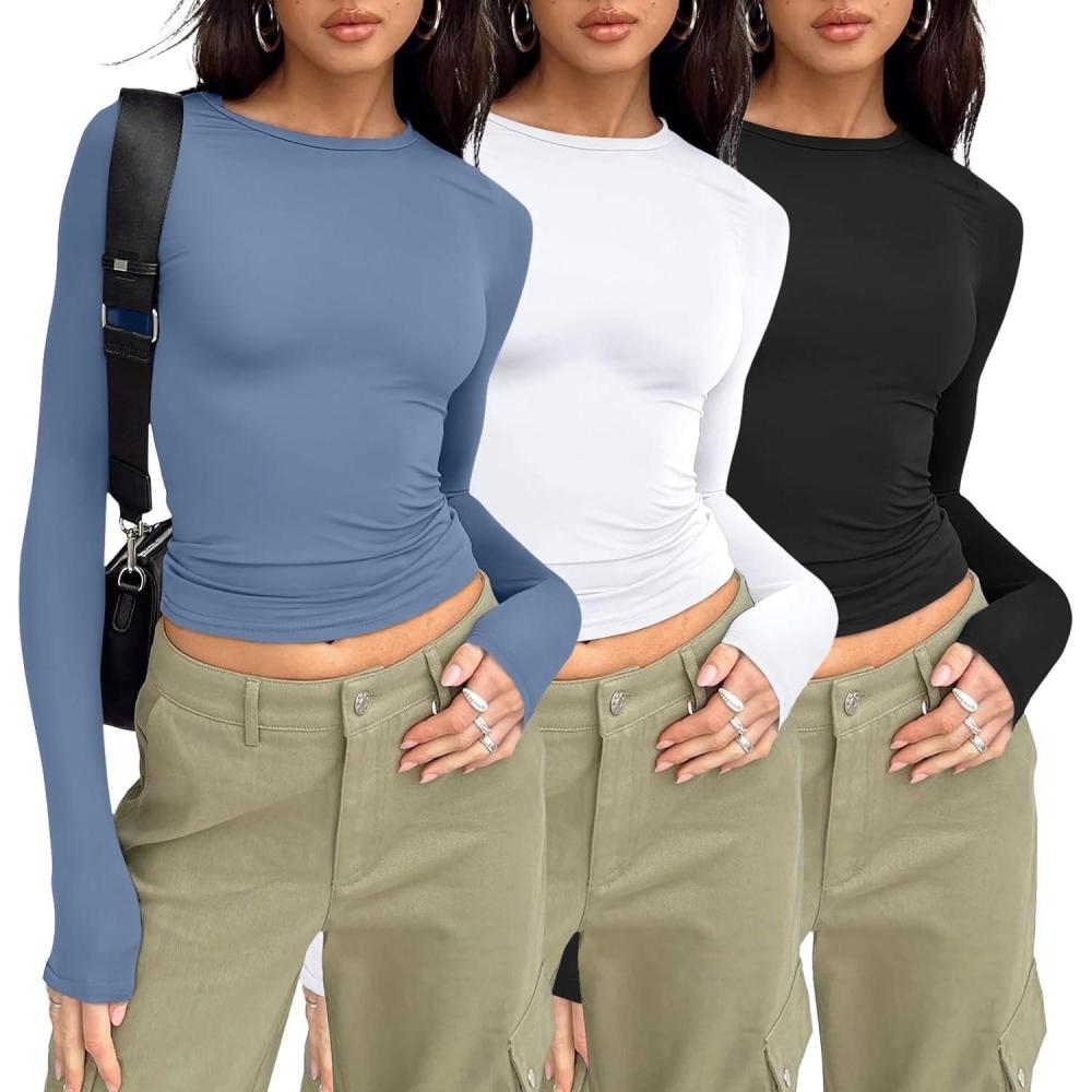 imageAUTOMET 3 Pack Womens Long Sleeve T Shirts Fall Fashion Basic Going Out Crop Tops Slim Fitted Winter Clothes 2025Black white blue Gray