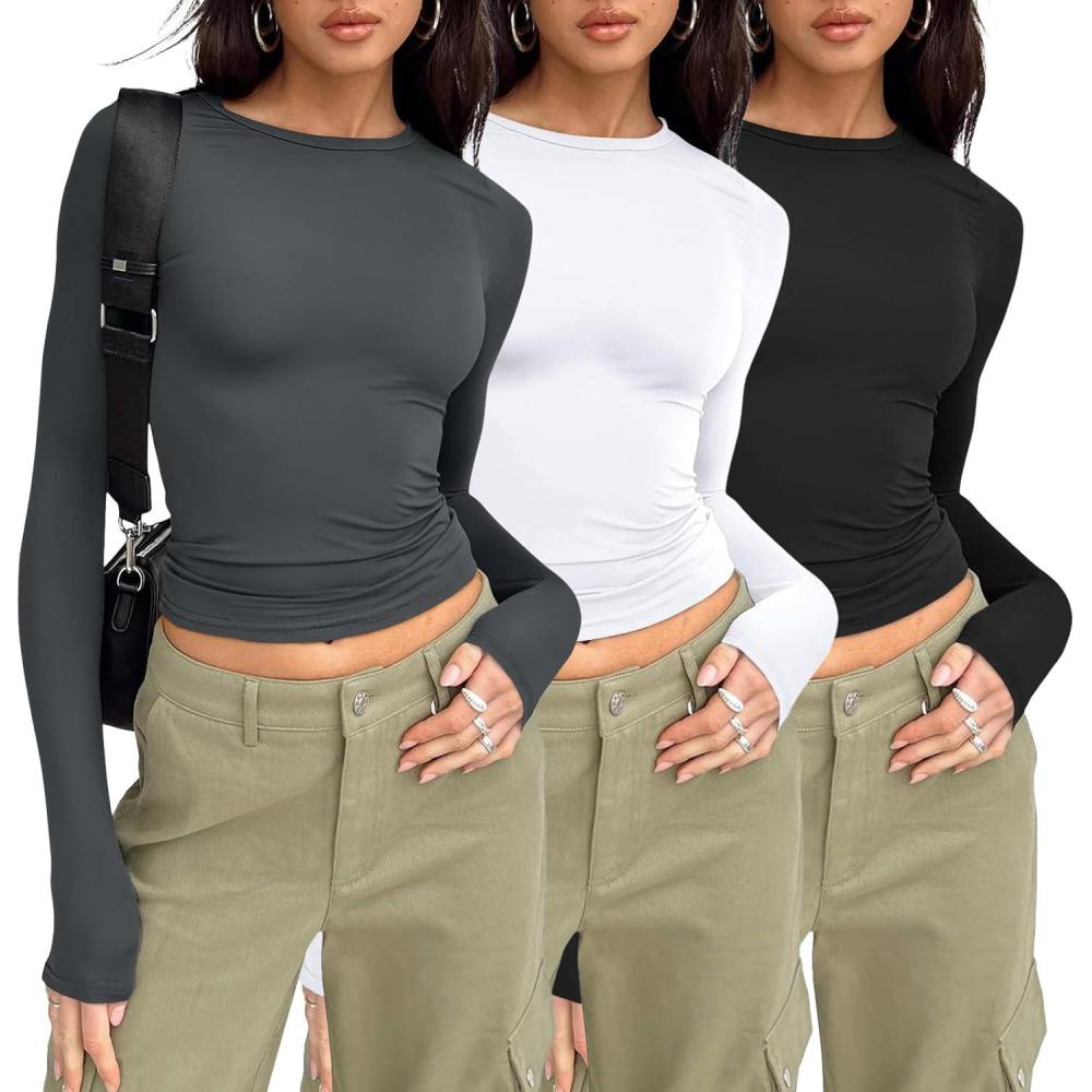 imageAUTOMET 3 Pack Womens Long Sleeve T Shirts Fall Fashion Basic Going Out Crop Tops Slim Fitted Winter Clothes 2025Black white gray
