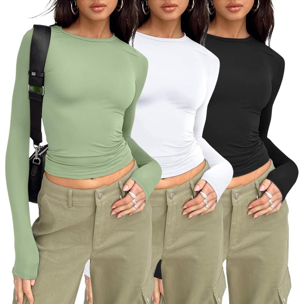 imageAUTOMET 3 Pack Womens Long Sleeve T Shirts Fall Fashion Basic Going Out Crop Tops Slim Fitted Winter Clothes 2025Black white light Green