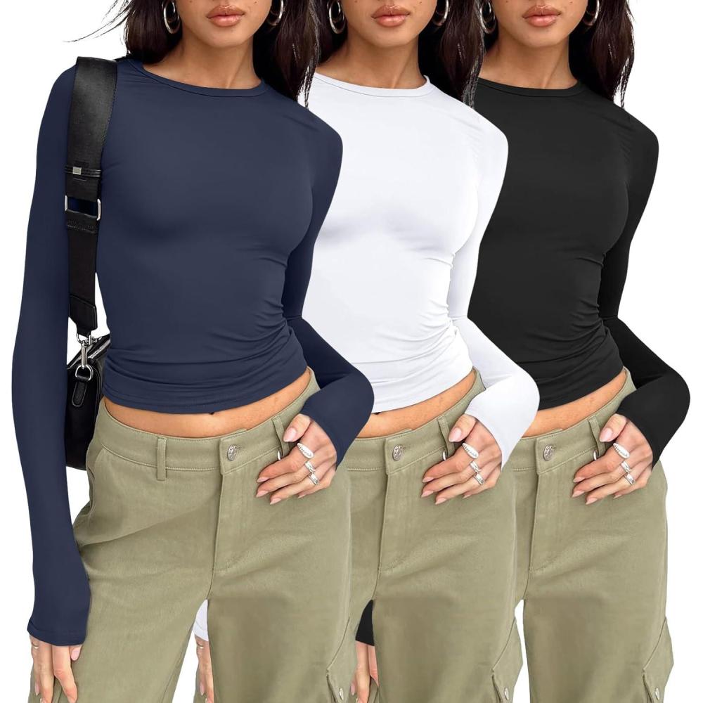 imageAUTOMET 3 Pack Womens Long Sleeve T Shirts Fall Fashion Basic Going Out Crop Tops Slim Fitted Winter Clothes 2025Black white navy