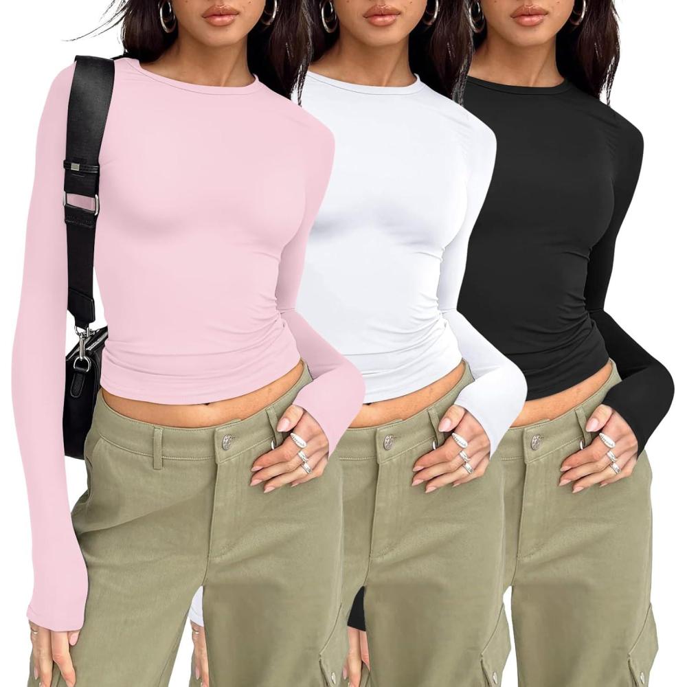 imageAUTOMET 3 Pack Womens Long Sleeve T Shirts Fall Fashion Basic Going Out Crop Tops Slim Fitted Winter Clothes 2025Black white pink