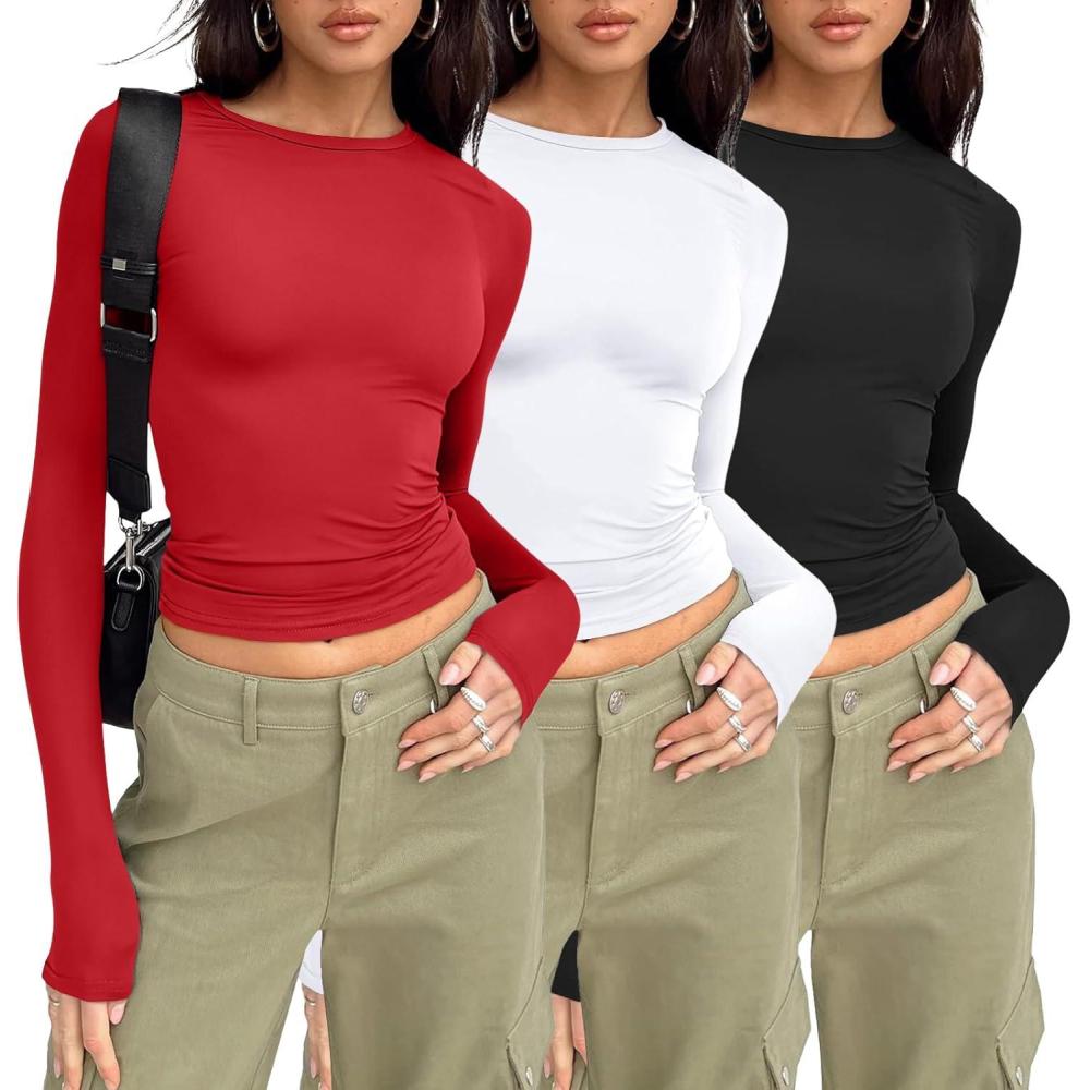 imageAUTOMET 3 Pack Womens Long Sleeve T Shirts Fall Fashion Basic Going Out Crop Tops Slim Fitted Winter Clothes 2025Black white red