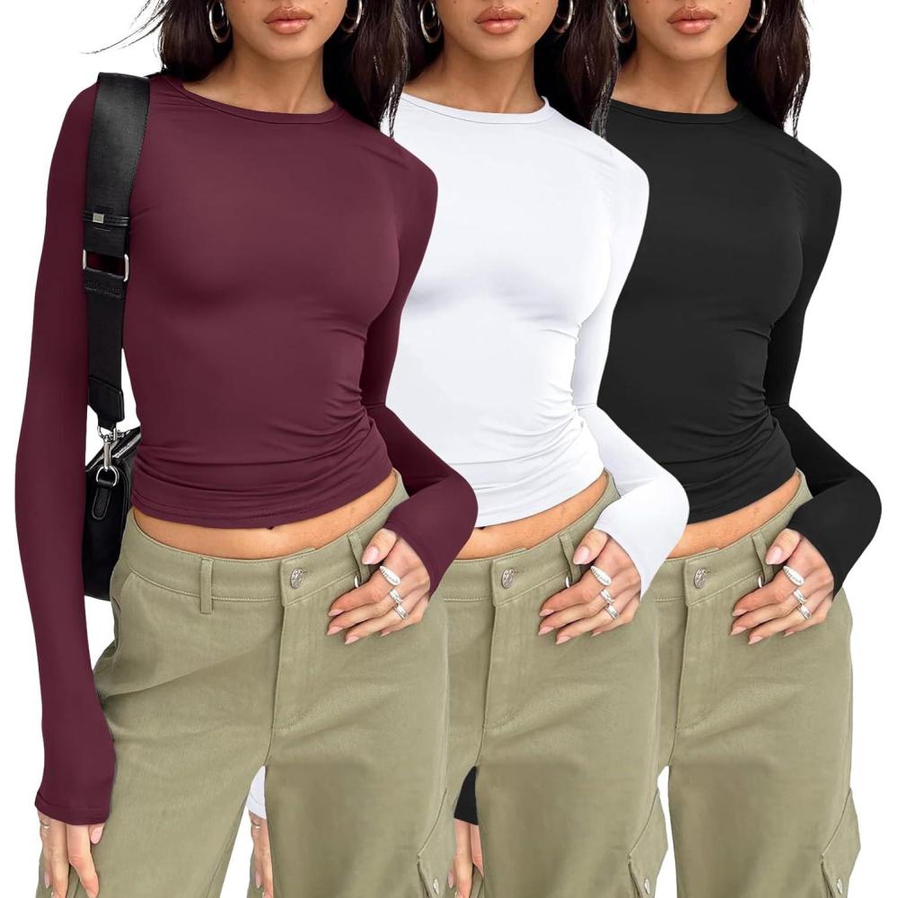 imageAUTOMET 3 Pack Womens Long Sleeve T Shirts Fall Fashion Basic Going Out Crop Tops Slim Fitted Winter Clothes 2025Black white winered