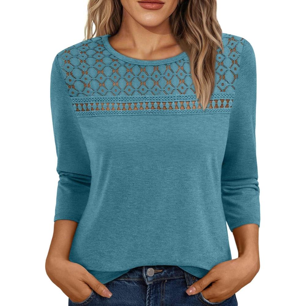 imageAUTOMET 34 Length Sleeve Womens Tops Lace Business Dressy Casual Blouses Spring Summer Fall Trendy Cute Work T ShirtsBluegreen