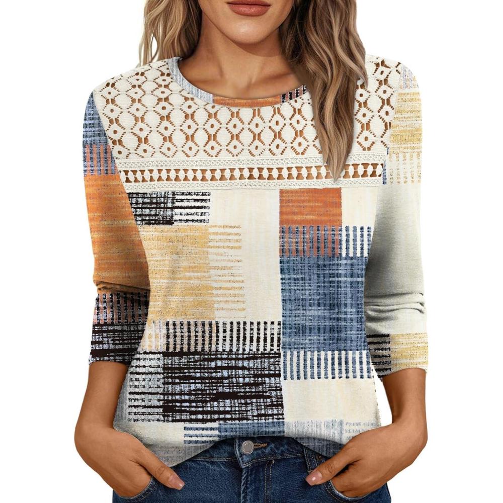 imageAUTOMET 34 Length Sleeve Womens Tops Lace Business Dressy Casual Blouses Spring Summer Fall Trendy Cute Work T ShirtsColorful Plaid