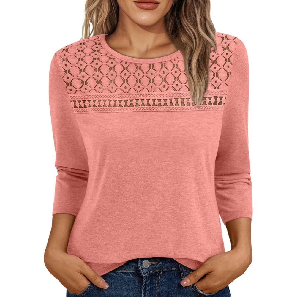 imageAUTOMET 34 Length Sleeve Womens Tops Lace Business Dressy Casual Blouses Spring Summer Fall Trendy Cute Work T ShirtsPink
