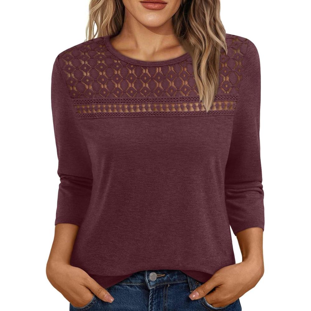 imageAUTOMET 34 Length Sleeve Womens Tops Lace Business Dressy Casual Blouses Spring Summer Fall Trendy Cute Work T ShirtsWine