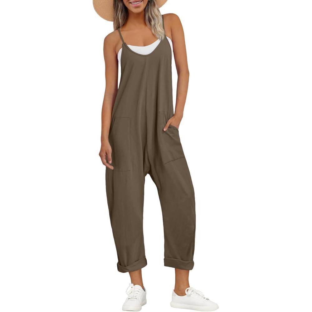 imageAUTOMET Jumpsuits for Women Casual Summer Outfits Rompers Comfy Beach Vacation Trendy Overalls Jumpers Fashion Clothes 2025Khakibrown