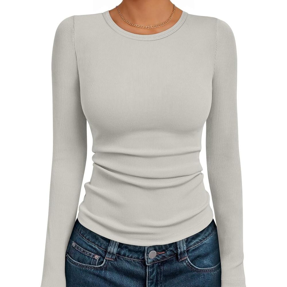 imageAUTOMET Long Sleeve Shirts Blouses Fall Fashion Ribbed Basic Tops Winter ClothesAlmond