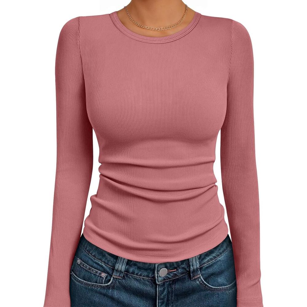 imageAUTOMET Long Sleeve Shirts Blouses Fall Fashion Ribbed Basic Tops Winter ClothesCoral
