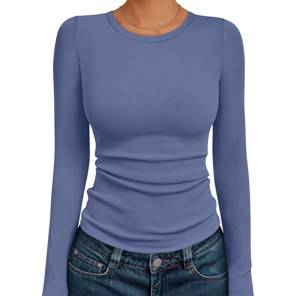 imageAUTOMET Long Sleeve Shirts Blouses Fall Fashion Ribbed Basic Tops Winter ClothesDusty Blue