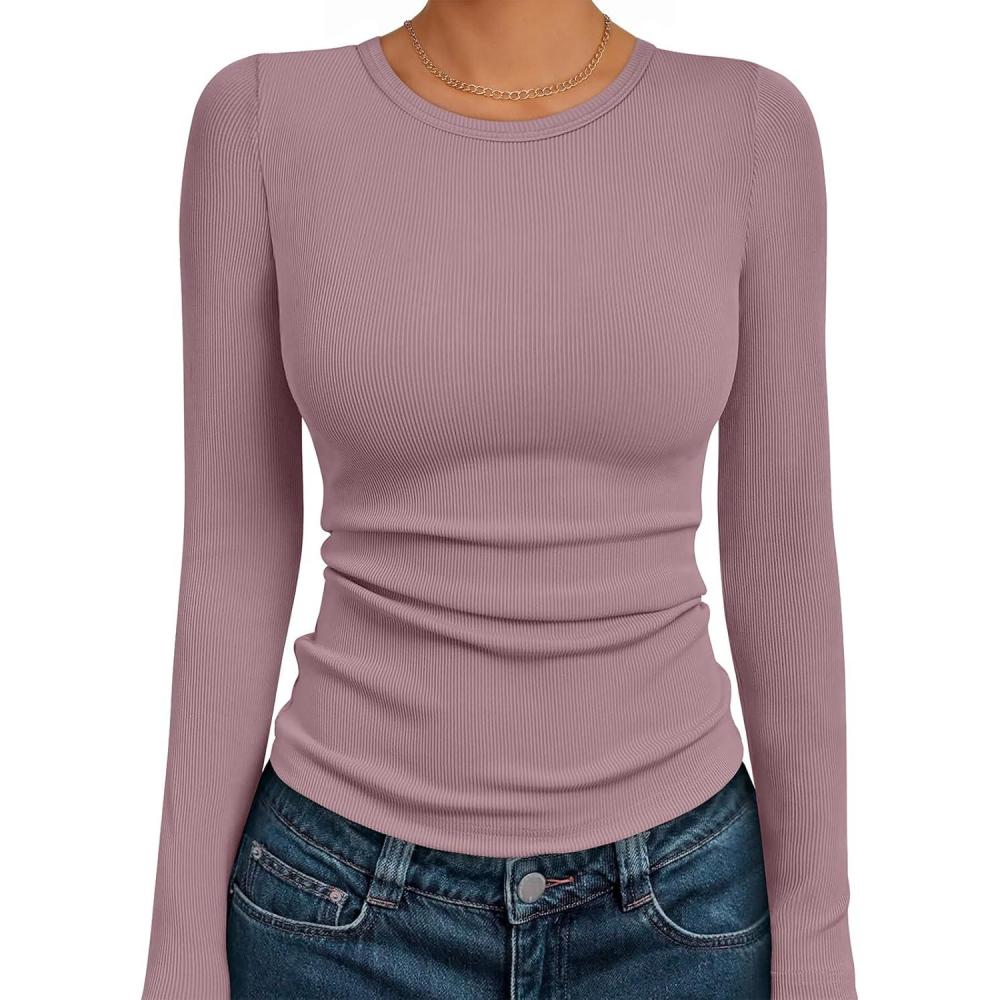 imageAUTOMET Long Sleeve Shirts Blouses Fall Fashion Ribbed Basic Tops Winter ClothesGrey Pink