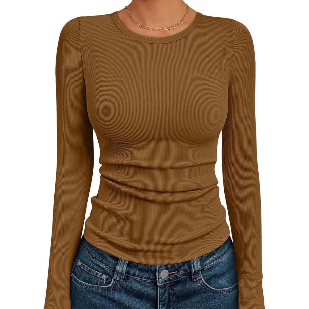 imageAUTOMET Long Sleeve Shirts Blouses Fall Fashion Ribbed Basic Tops Winter ClothesLight Brown