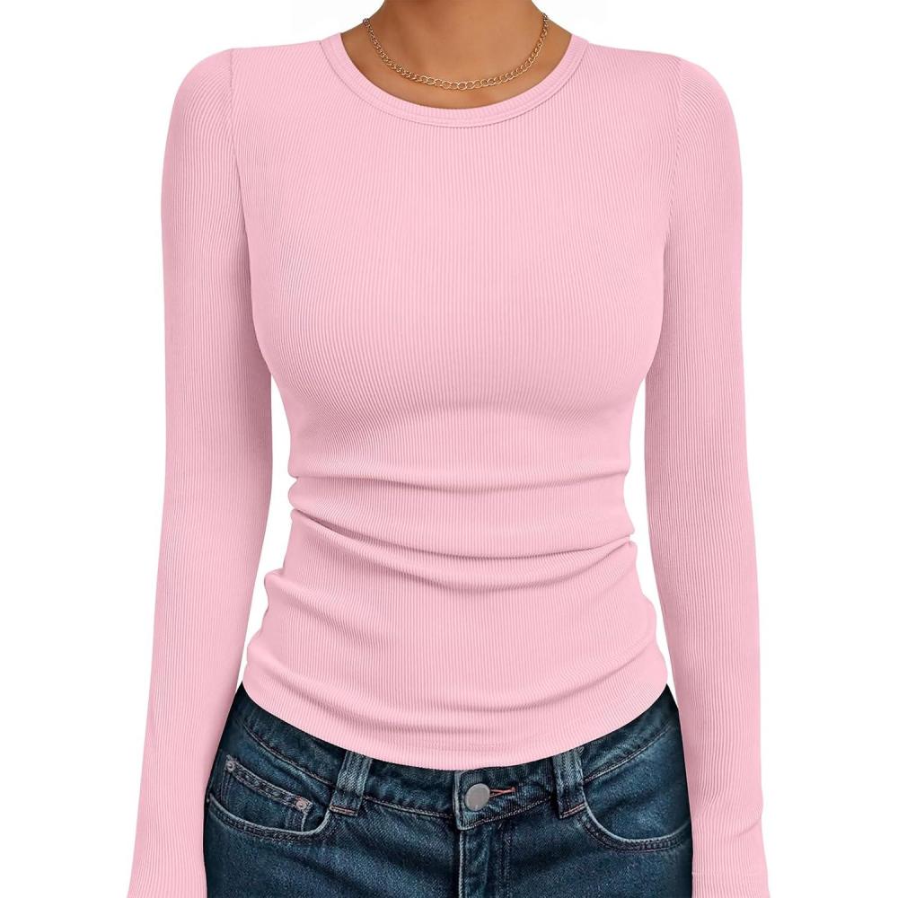 imageAUTOMET Long Sleeve Shirts Blouses Fall Fashion Ribbed Basic Tops Winter ClothesLight Pink
